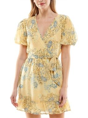 Butter Yellow Floral Faux Wrap Mini Dress Ruffle Hem Puff Sleeve Cottagecore S